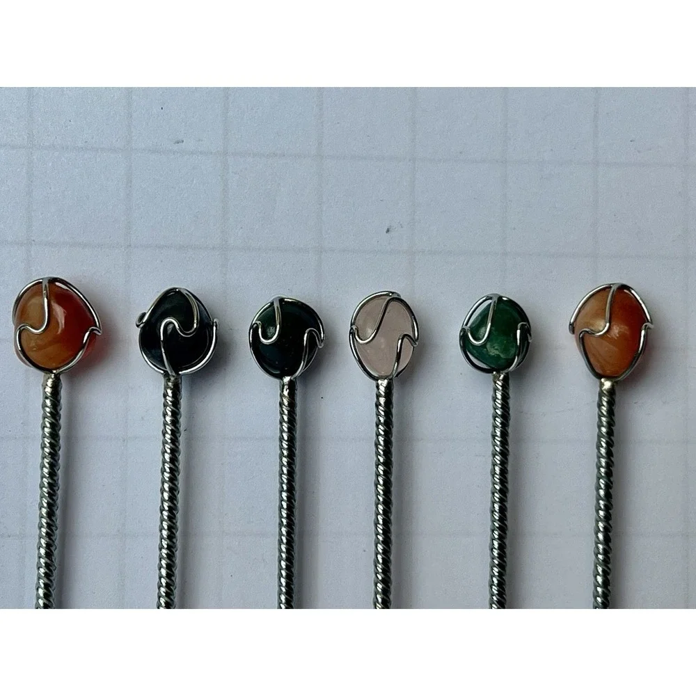 Vintage Cocktail Fork Set 6 Colored Stone Tops